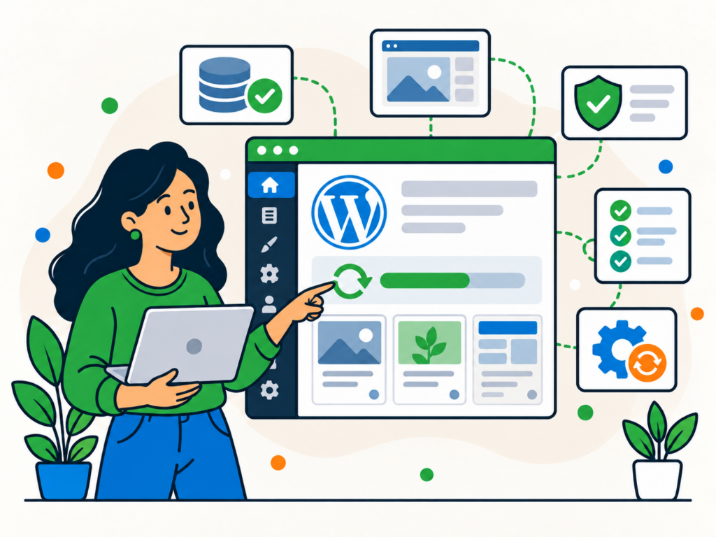 Illustration of a woman safely updating a WordPress theme with a progress bar, backup, security and checklist icons around the dashboard.