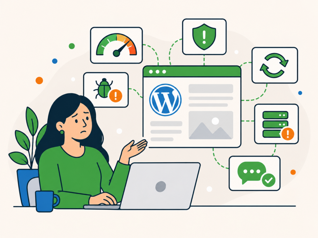 Illustration of a concerned website owner reviewing WordPress maintenance issues, including slow performance, security warnings, outdated software, and server problems.