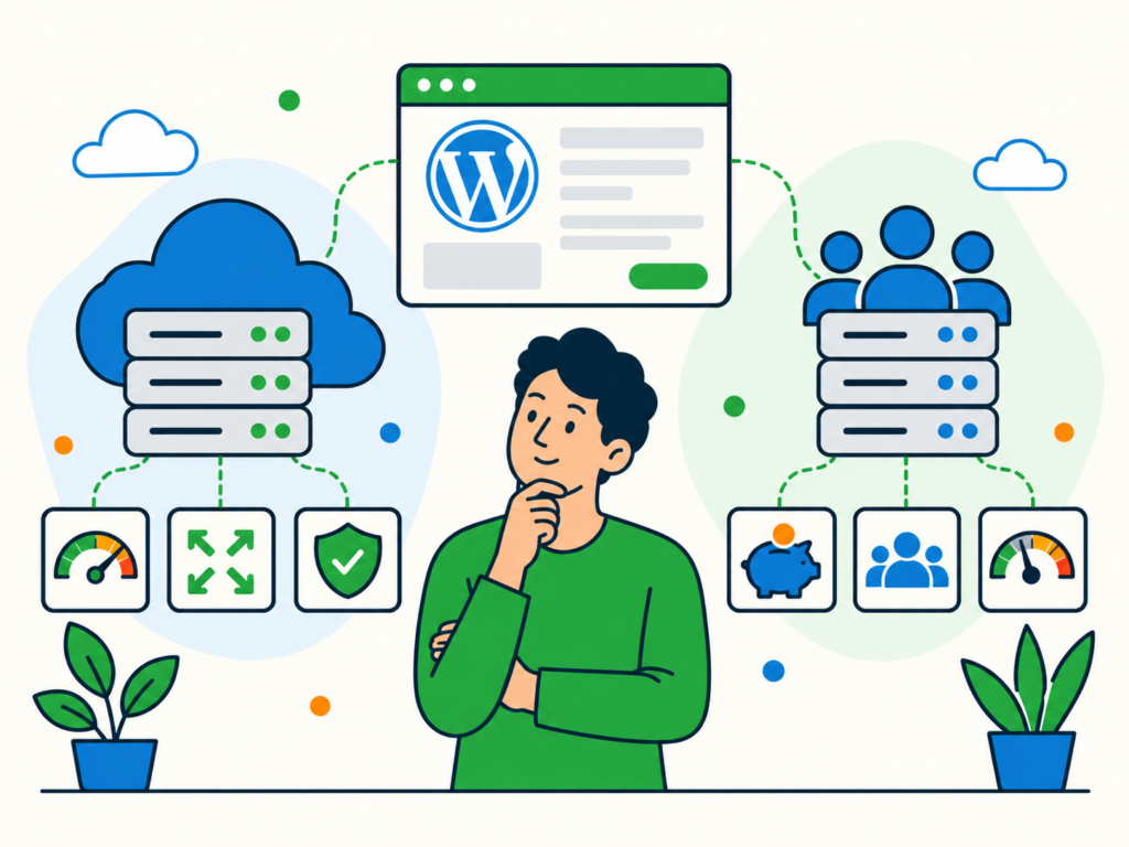 Illustration comparing cloud hosting and shared hosting for WordPress, showing cloud servers, shared server resources, performance, scalability and security icons.
