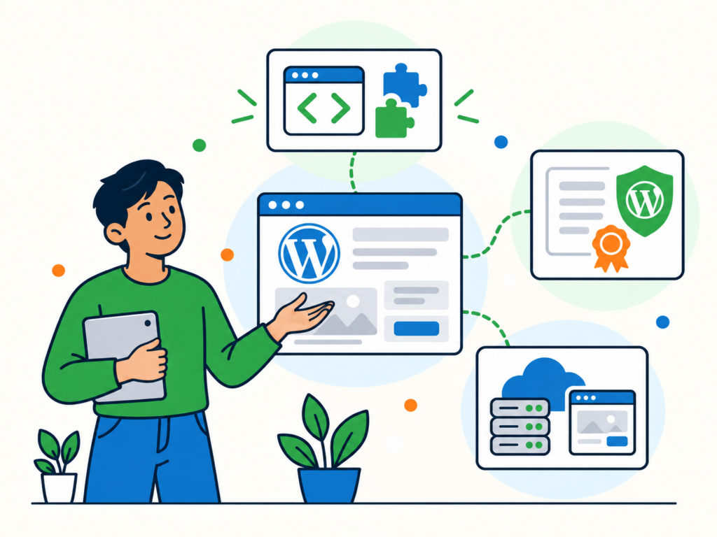 Illustration explaining WordPress ownership, with icons representing open-source software, the WordPress trademark and WordPress.com hosting.
